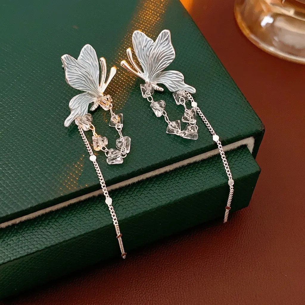 Boucles D'oreilles Papillon Gland Longues Cristal De Verre Émail Bleu Cuivre Bijoux Avec Tige D'oreille En Argent Femme