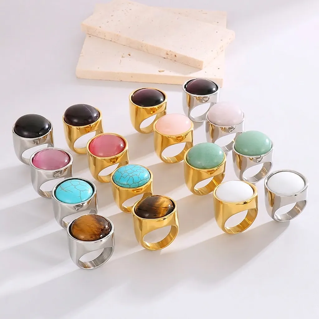 Anello A Fascia Larga Esagerato Acciaio Inossidabile Cabochon Tondo Gemma Punk Vintage Gioielli Di Moda Donna Uomo
