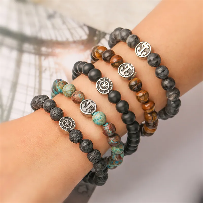 Nautisches Perlenarmband Natürliches Tigerauge Lavastein Mattes Achat Mit Edelstahl Anker Vintage Unisex Schmuck