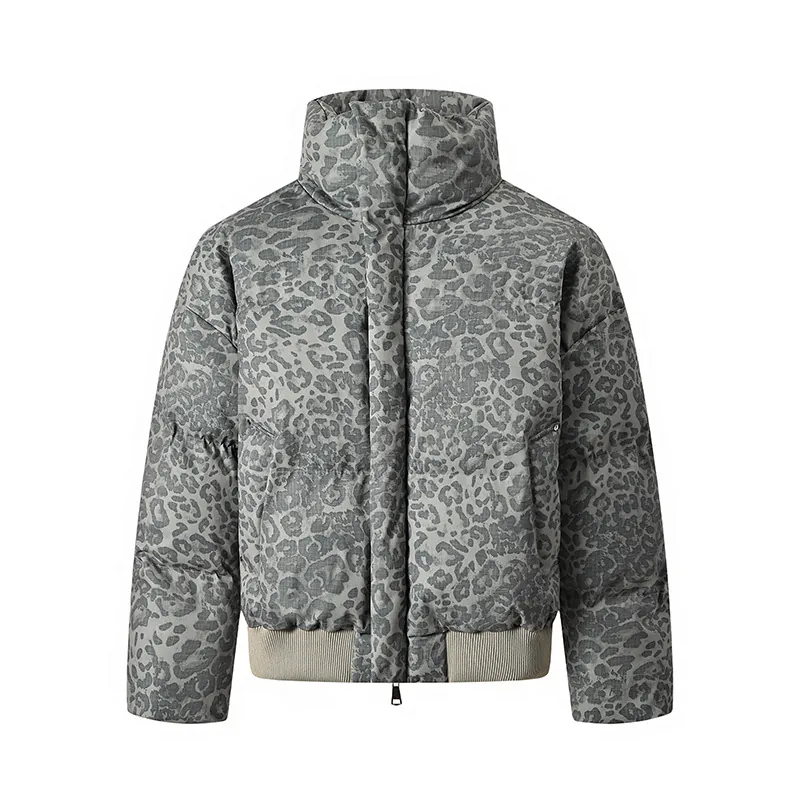 Veste Rembourrée Imprimé Léopard Vintage Américain Femmes Hommes Hiver Col Montant Court Streetwear Chaud Polyester Manteau Top