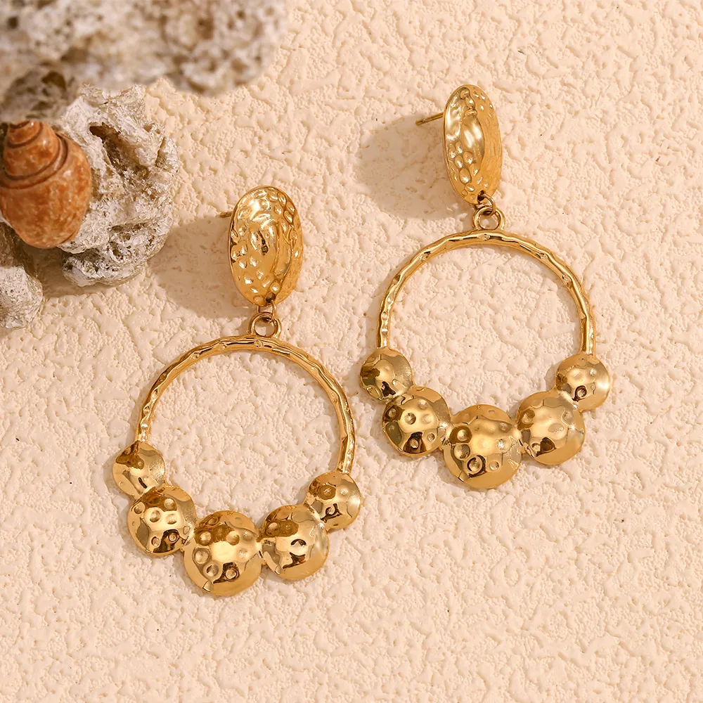 Hammered Texture Round Disc Hoop Earrings Stainless Steel 18K Gold Plated Geometric Retro Style For Women