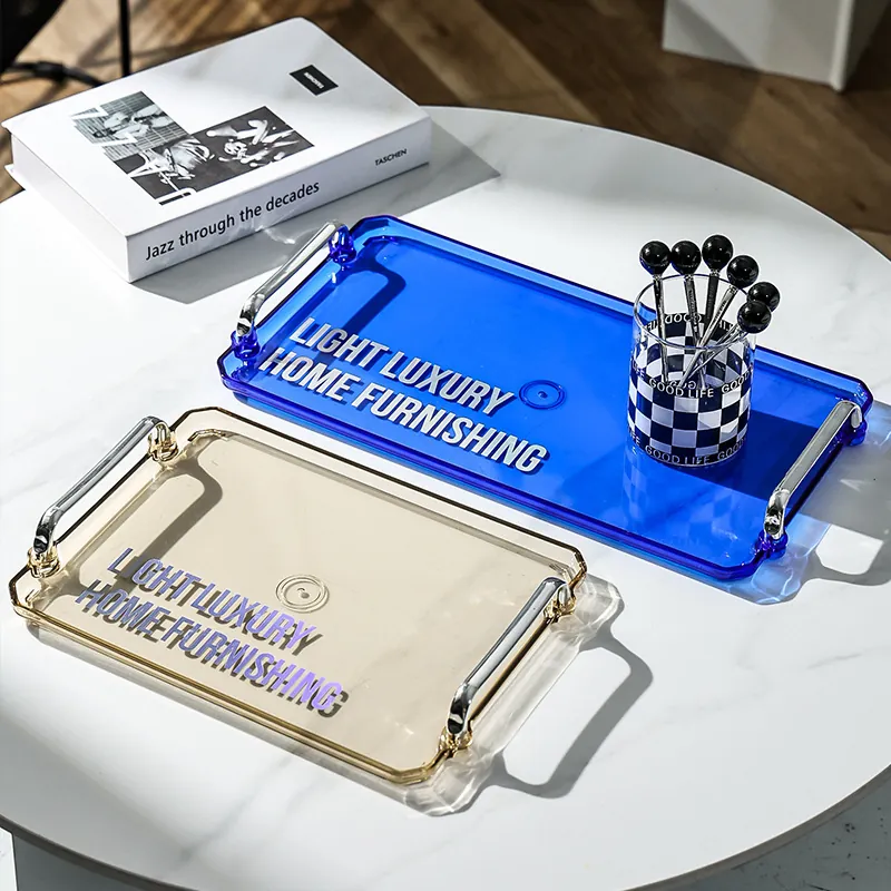Rectangular Serving Tray Acrylic Plastic With Metal Handles Light Luxury Decorative Plate For Home Coffee Tea Table