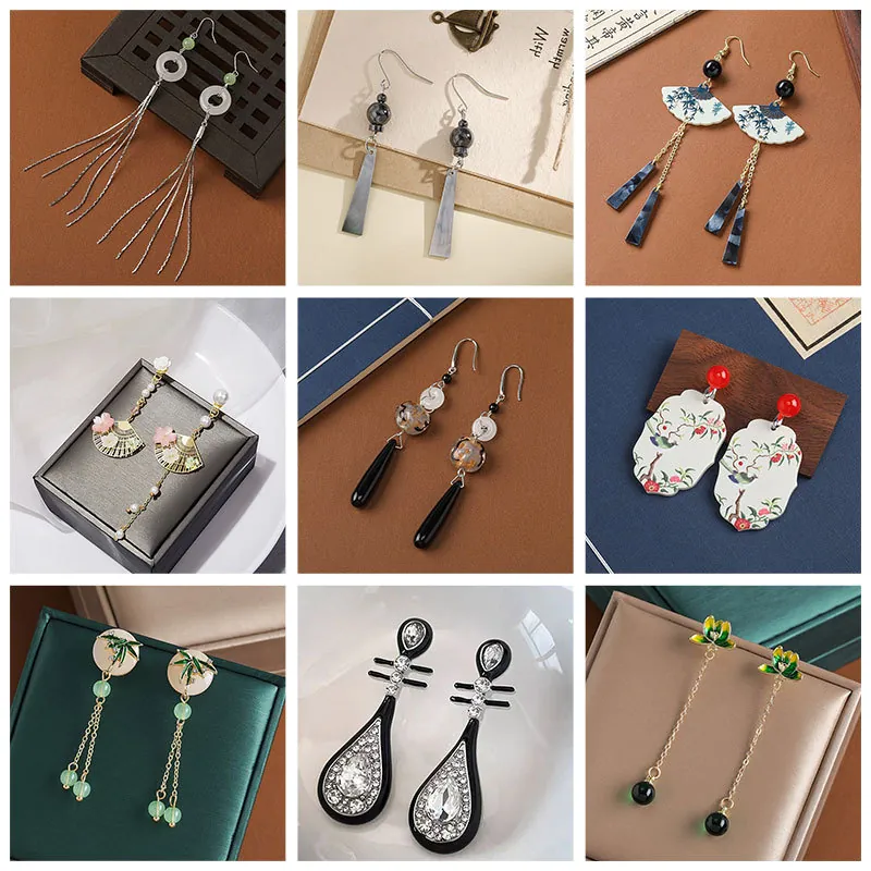 New Chinese Style Fan Tassel Dangle Earrings Alloy Faux Artificial Pearl Retro Oriental With 925 Sterling Silver Earring Post