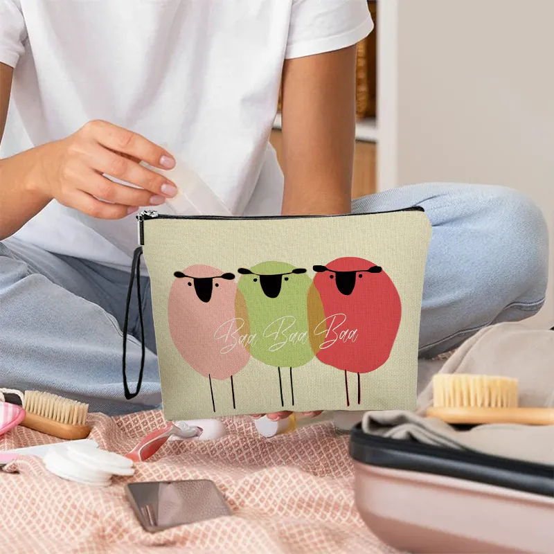 Trousse De Maquillage Imprimé Mouton Dessin Animé Pochette De Toilette Portable En Lin Avec Fermeture Éclair Poignet Pour Femme