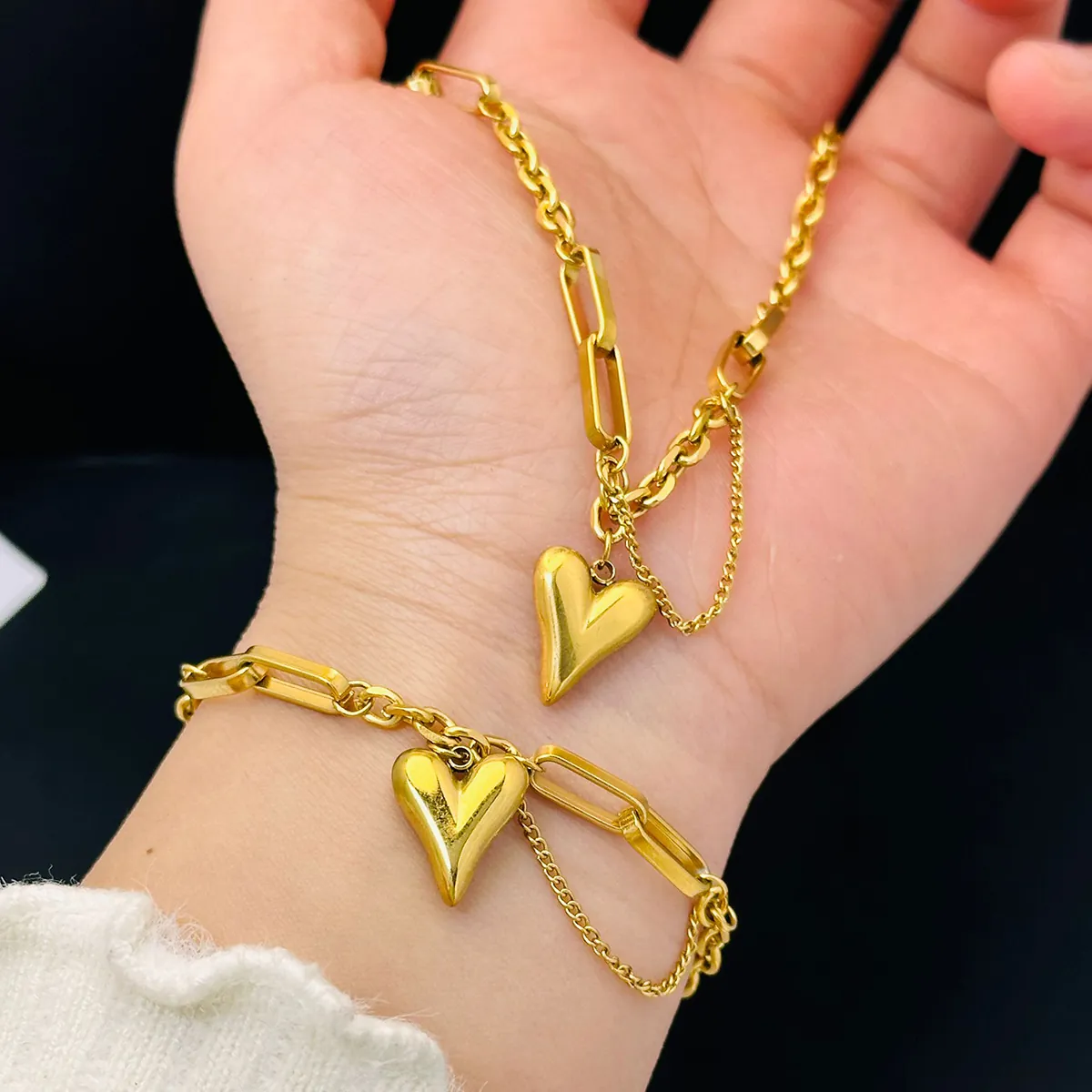 Vintage Heart Pendant Necklace Stainless Steel Mixed Paperclip Link Chain Hip Hop Gold Plated Jewelry Women