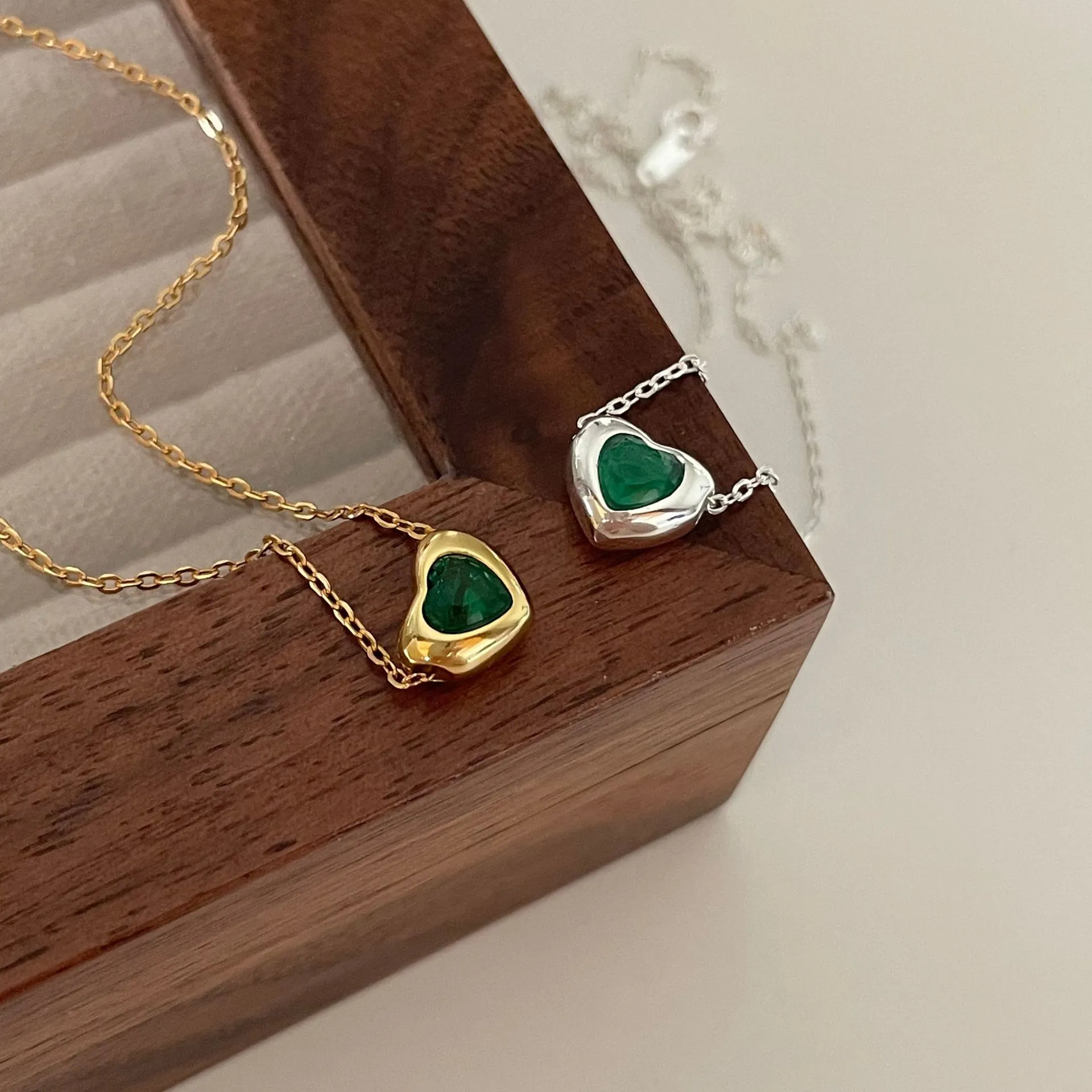 Heart Pendant Necklace 925 Sterling Silver With Green Gemstone Gold Plated Minimalist Romantic Jewelry Gift For Women