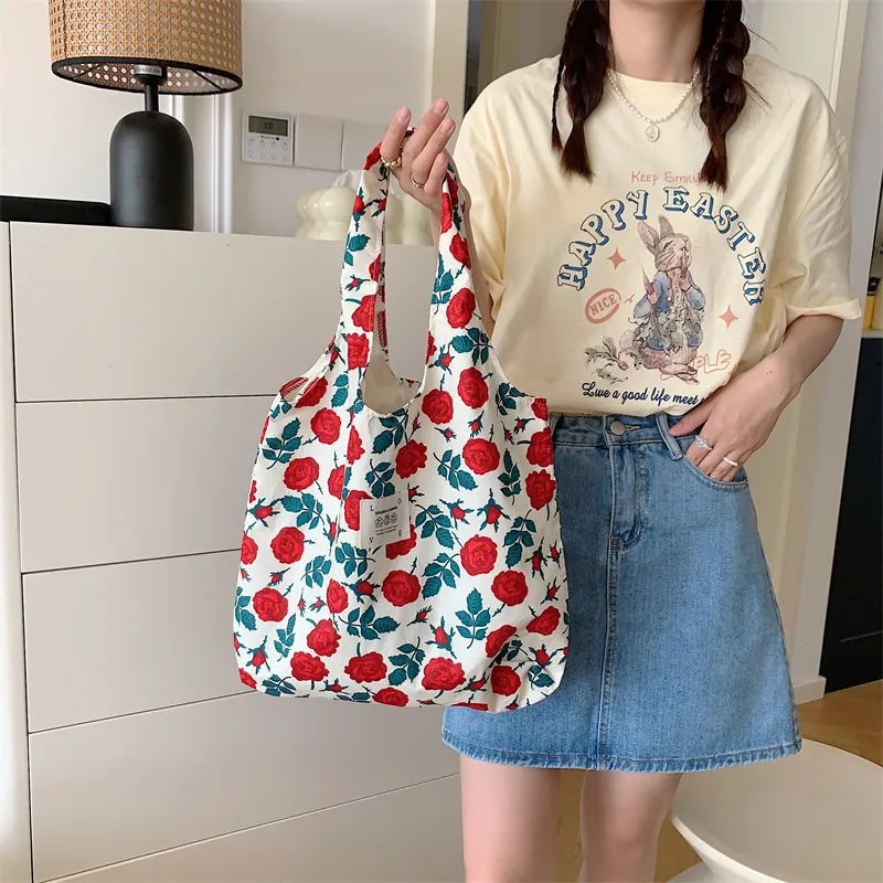 Borsa Tote In Tela Con Stampa Floreale Da Donna Borsa A Spalla Grande Capacità Motivo Fiori Tulipani Rose Casuale