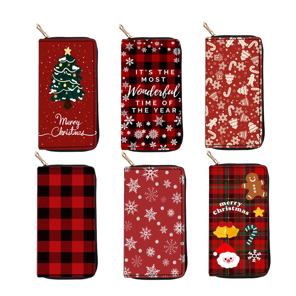 Weihnachts Geldbörse Damen PU Leder Reißverschluss Clutch Festlich Schneeflocke Karomuster Kartenhalter Portemonnaie