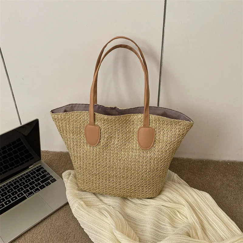 Straw Woven Tote Bag Large Capacity Beach Shoulder Handbag With PU Leather Handles Summer Casual For Women