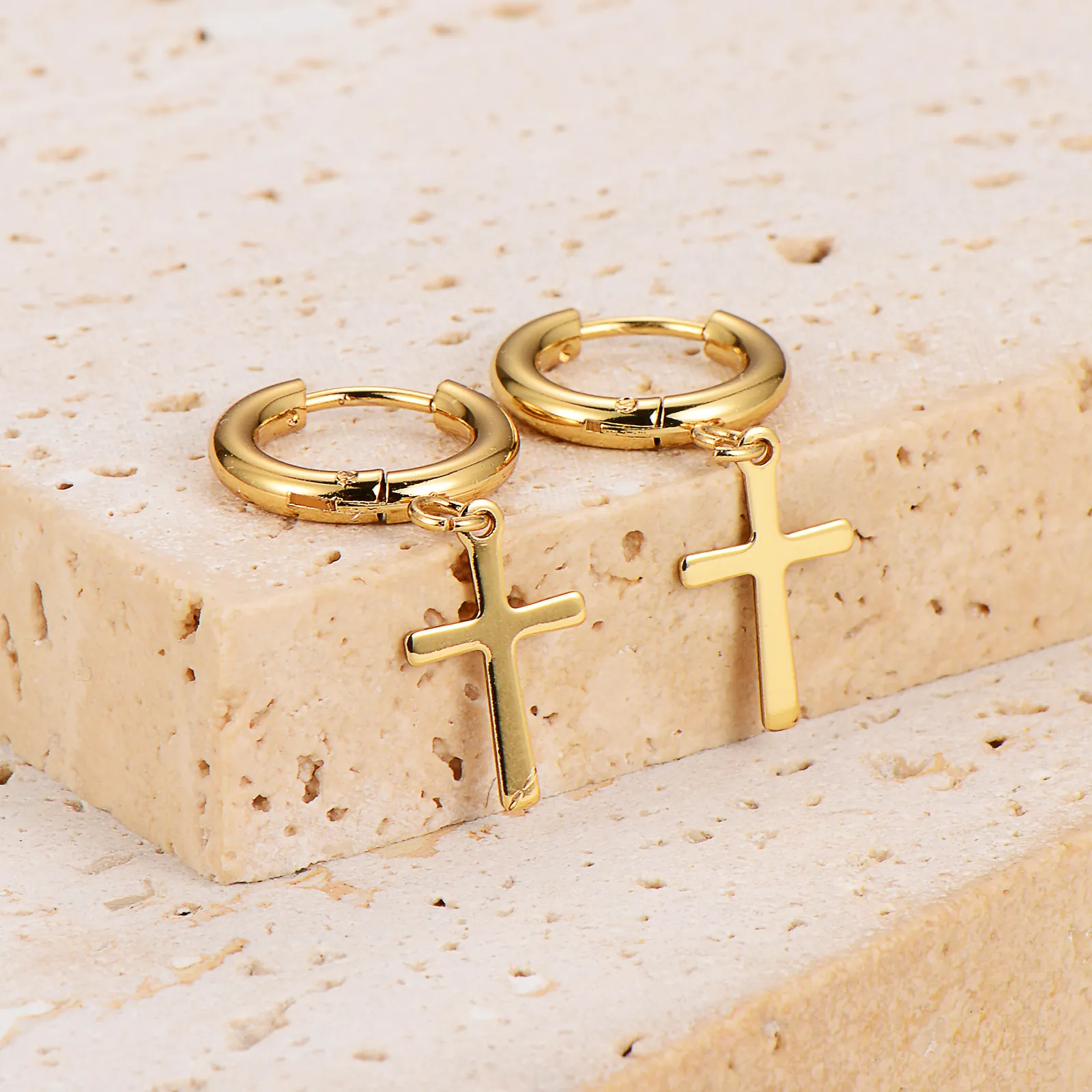 Minimalist Cross Pendant Hoop Earrings Stainless Steel 18K Gold Plated Dangle Earrings For Women Fashion Jewelry