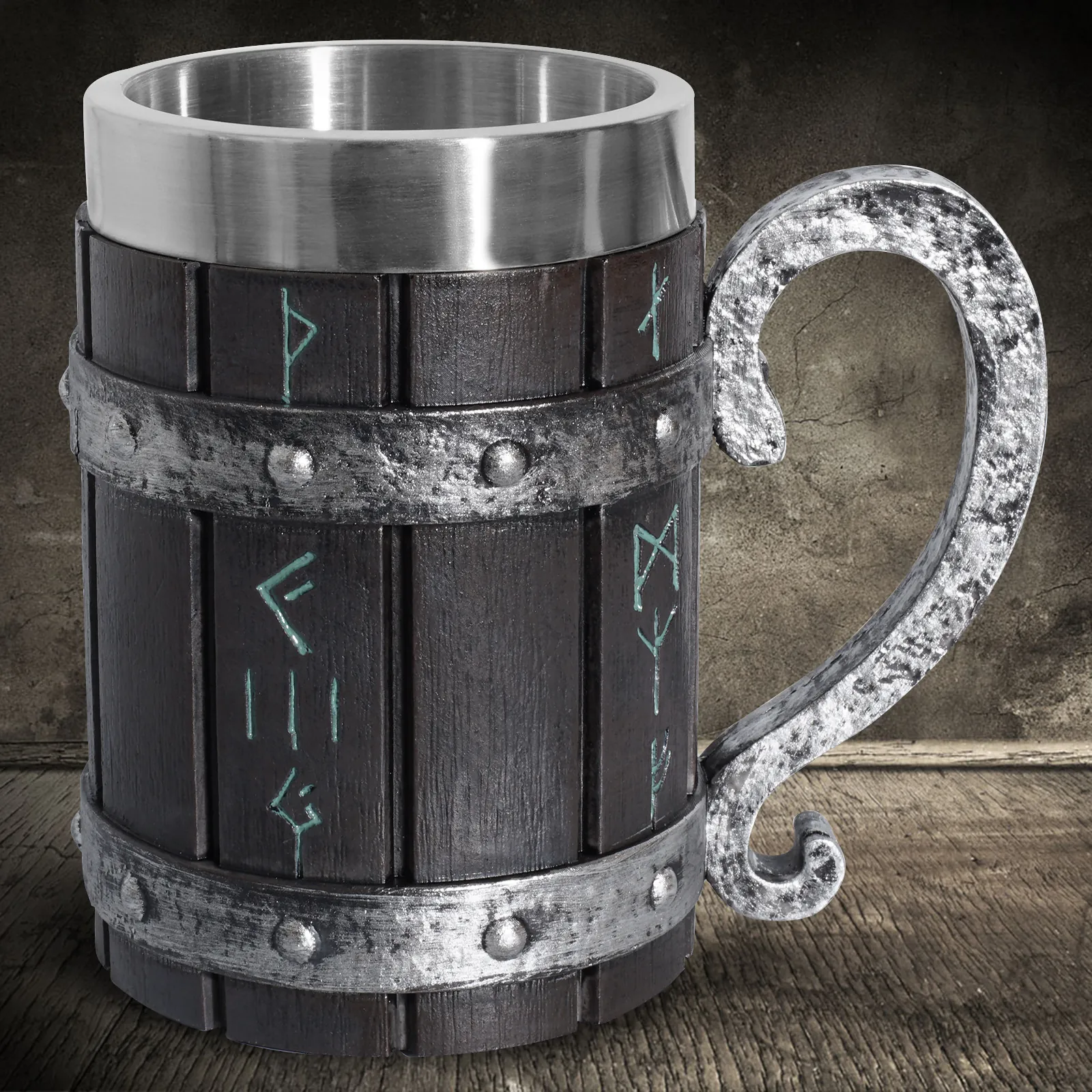 Viking Beer Mug Stainless Steel Liner Resin Hand Painted Medieval Tankard With Runic Symbols Retro Wood Texture Mug