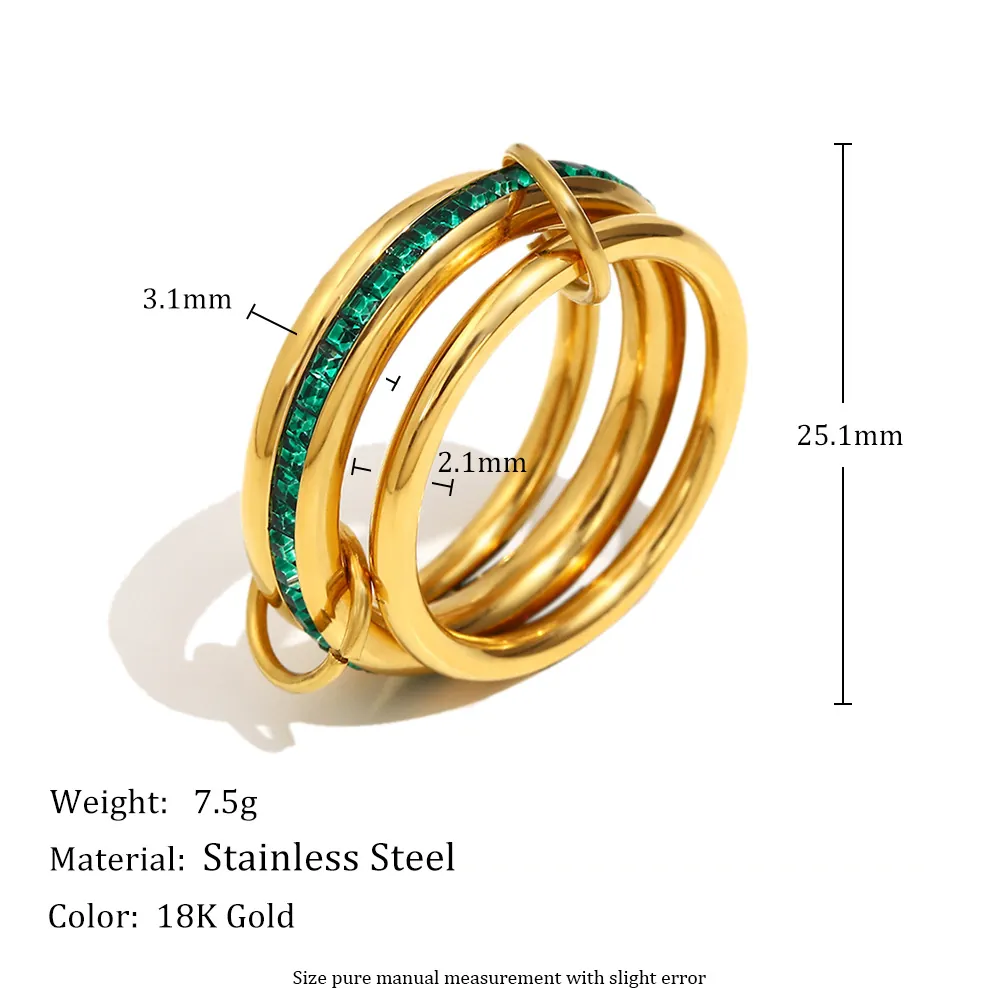 Stackable Interlocking Rings 18K Gold Plated Stainless Steel Square Green Zircon Retro Elegant Jewelry For Women