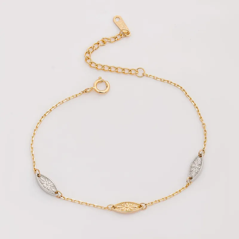 Carved Leaf Bracelet 925 Sterling Silver Gold Plated Two-Tone Oval Charm Adjustable Jewelry Gift For Women