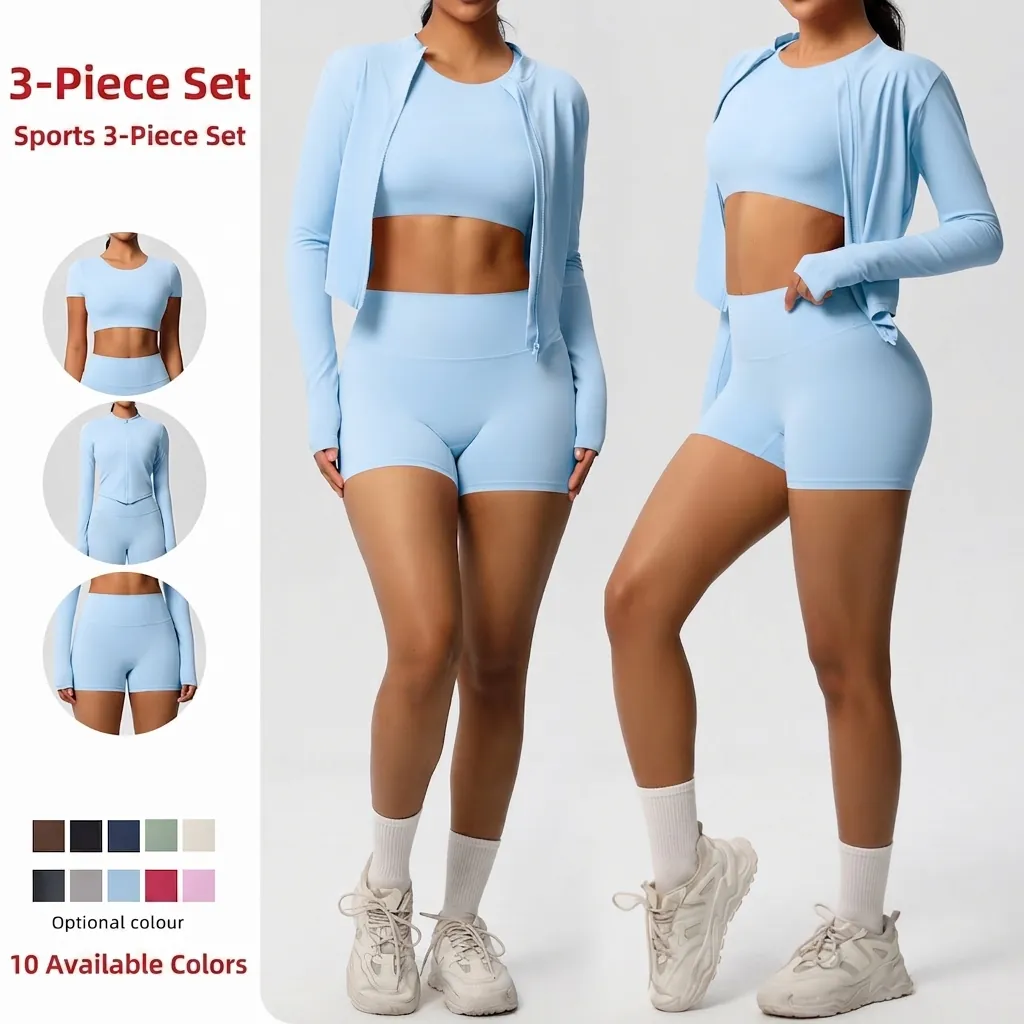 Vêtement De Yoga Pour Femme Veste Zippée Avec Trous Pour Les Pouces Soutien Gorge De Sport Short Taille Haute Nylon