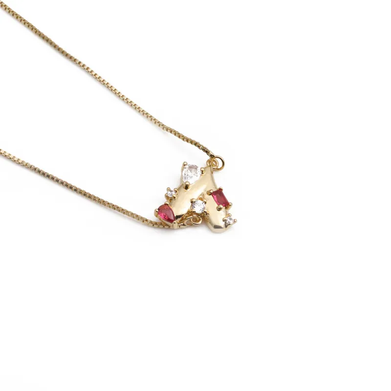 Collier Pendentif Abstrait Géométrique Cuivre Plaqué Or Avec Zircone Rouge Et Blanc Chaîne De Boîte Fine Pour Femmes