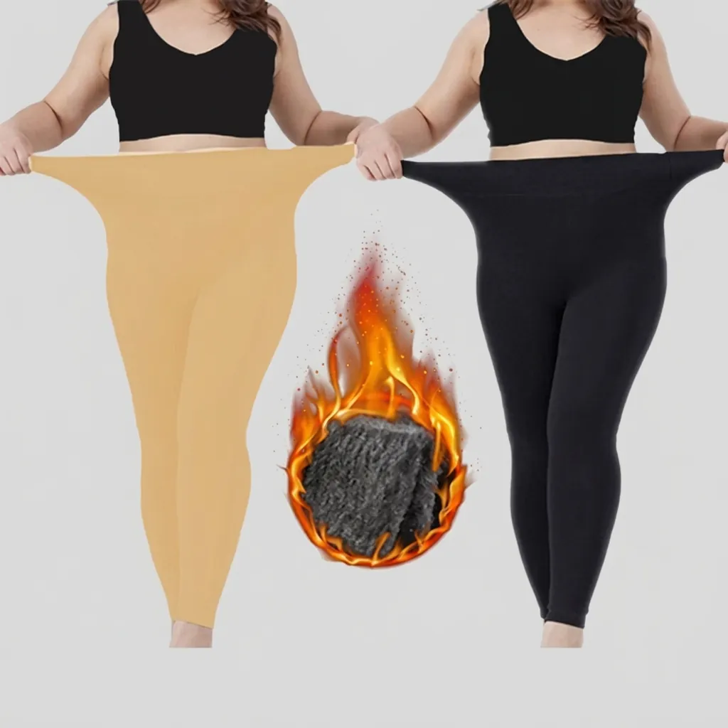 Women Plus Size Thermal Tights Fleece Lined High Waist Leggings High Stretch Elastic Winter Warm Footed Pantyhose