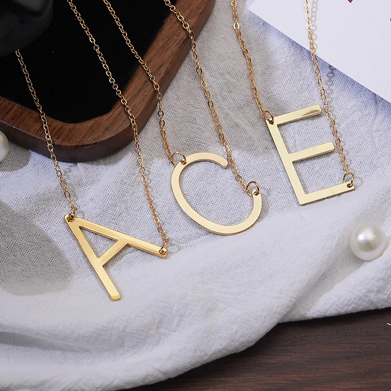 Large Capital Initial Alphabet Letter Pendant Necklace Polished Alloy Elegant Minimalist Jewelry For Women