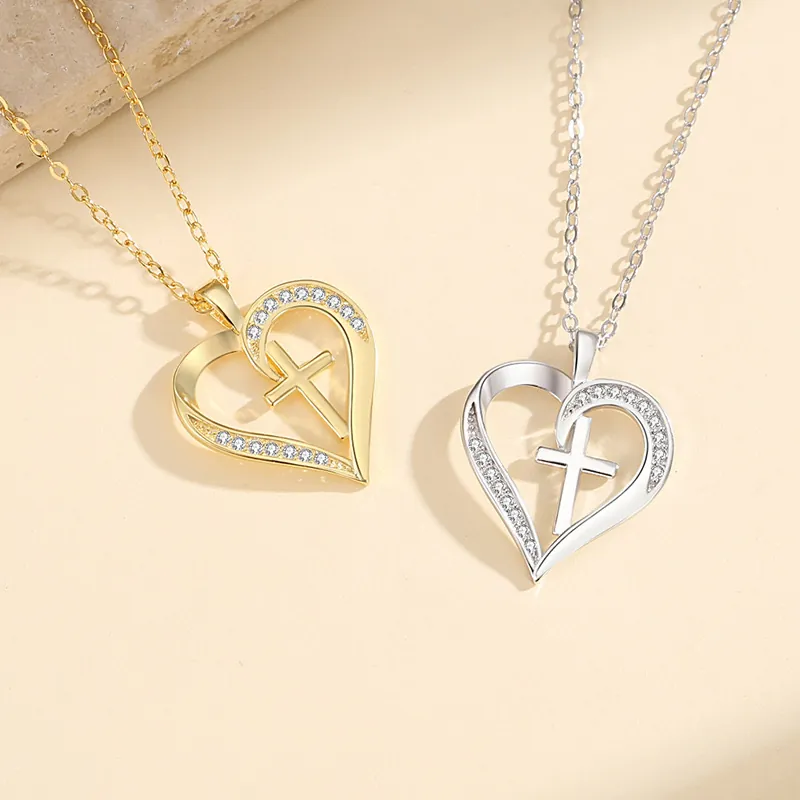 Heart Cross Necklace 925 Sterling Silver Hollow Zircon Pendant Religious Fashion Jewelry For Women