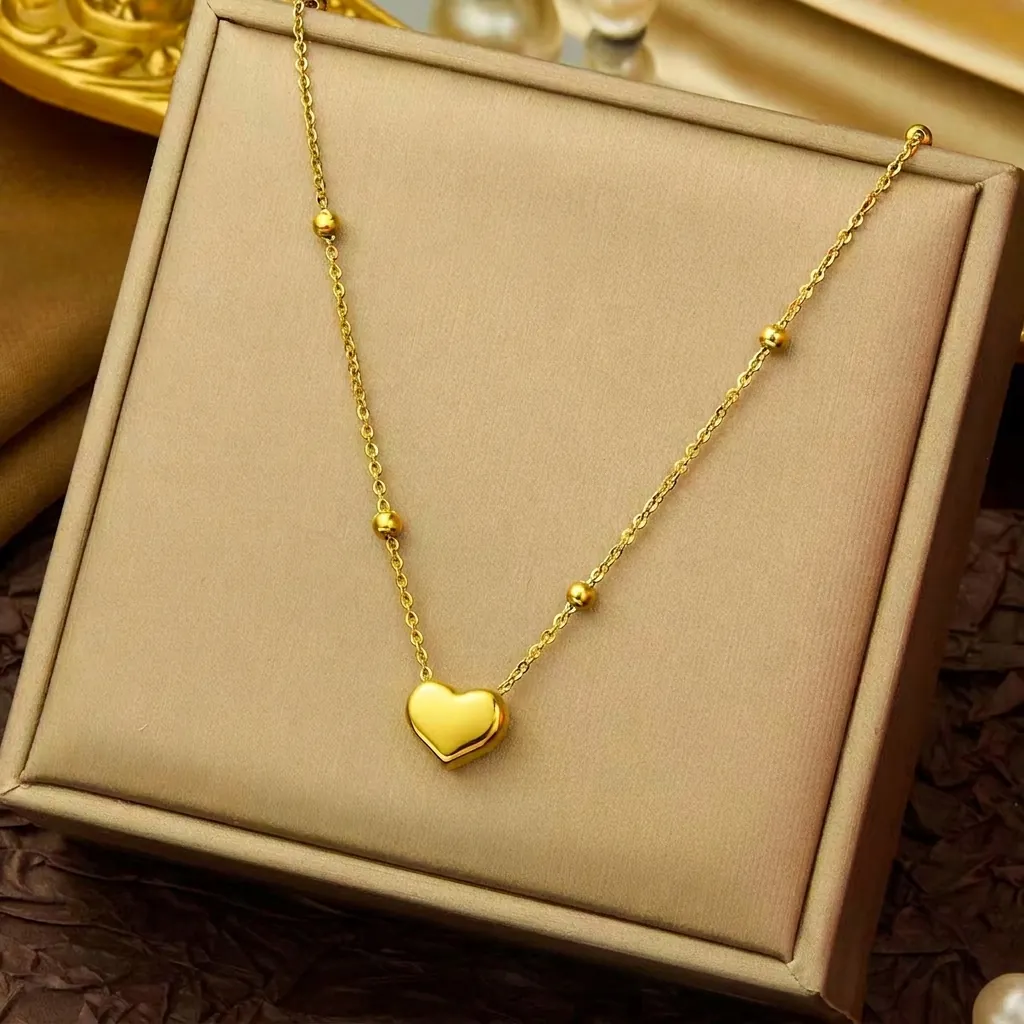 Heart Pendant Necklace And Bracelet Gold Plated Stainless Steel Beaded Chain Simple Fashion Jewelry For Women