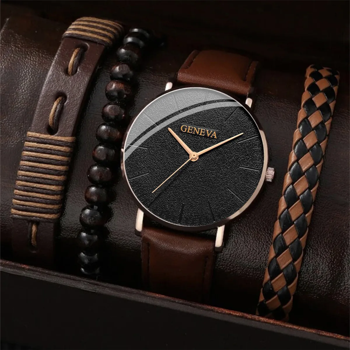 Fashion Men's Sports Quartz Watch Bracelet Set Casual Leather Strap Alloy Case Wristwatch Gift For Men Business Daily