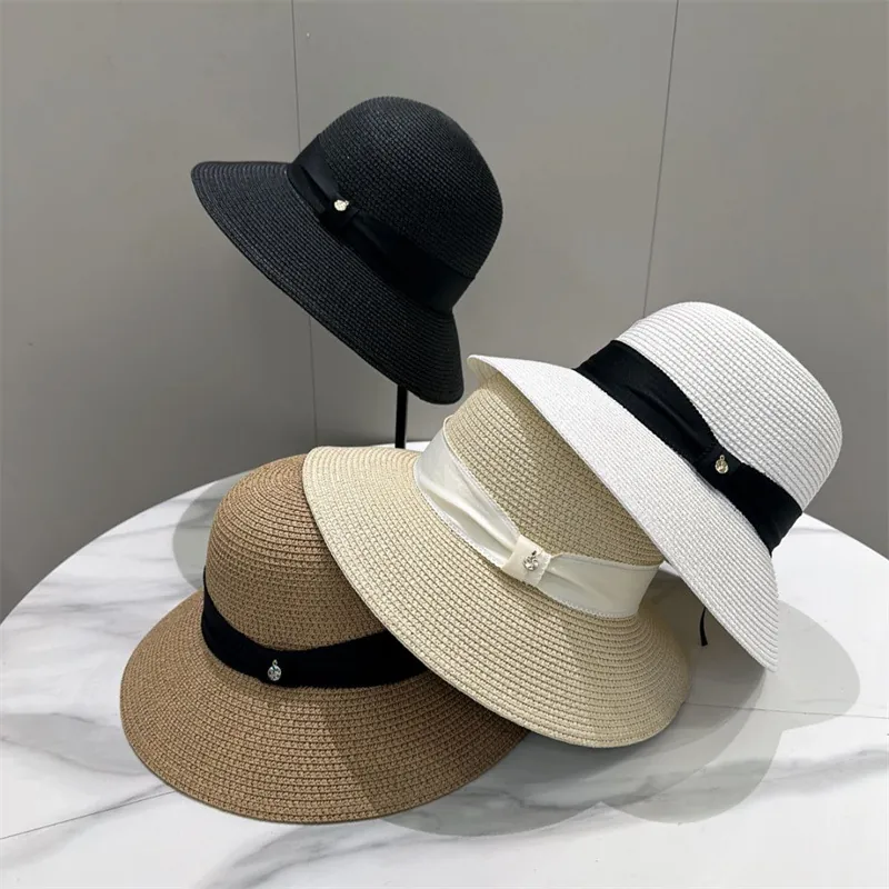 Elegant Women Straw Sun Hat Braided Wide Brim Breathable Beach Vacation Accessory With Ribbon Bow And Metal Charm