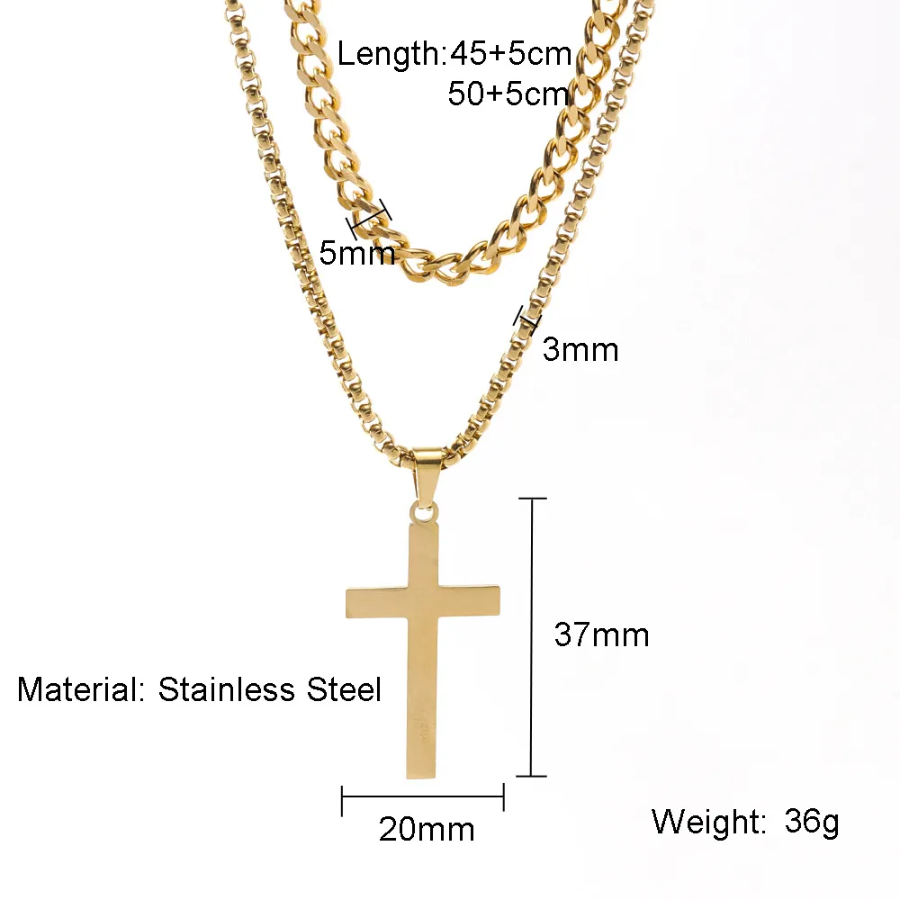 Men Stainless Steel Cross Pendant Necklace Double Layered Cuban Box Chain Hip Hop Punk Jewelry For Women Unisex