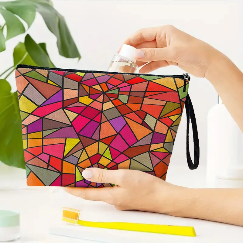 Artistic Colorful Geometric Cosmetic Bag Fine Linen Portable Toiletry Organizer With Wristlet Strap Zipper Travel Pouch