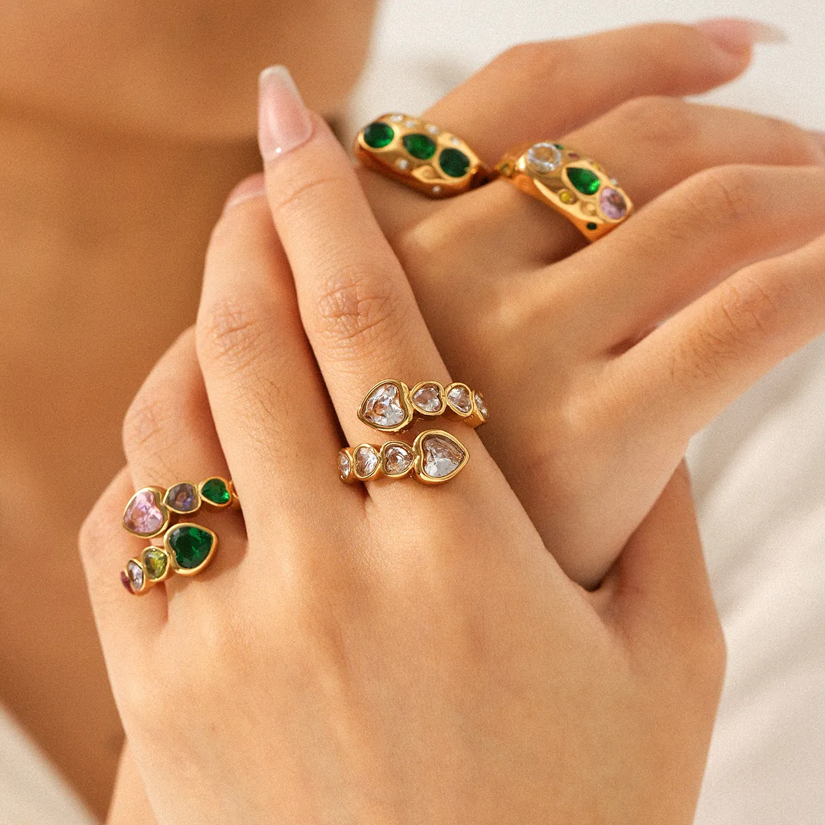 Vintage Heart Zircon Open Ring Stainless Steel 18K Gold Plated Adjustable Colorful Gemstone Jewelry For Women