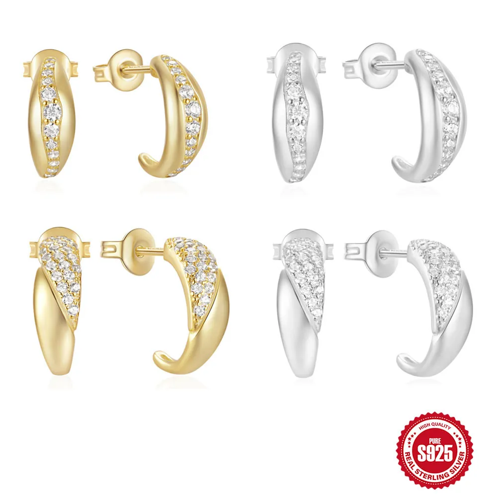 925 Sterling Silver C-Shaped Hoop Earrings For Women Minimalist Zirconia Pave Stud Earrings Chic Geometric Ear Jewelry Gift