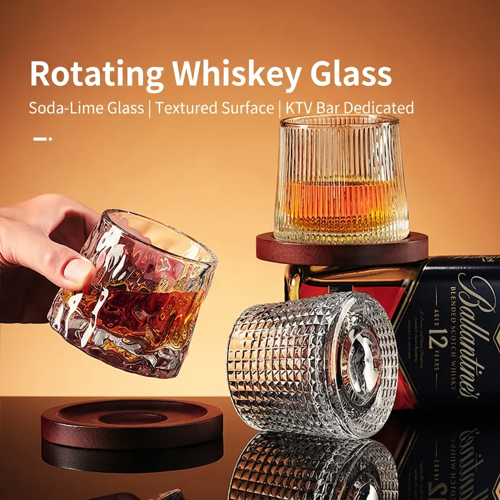 Textured Glass Whiskey Tumbler With Wooden Base Rotating Drinking Cup For Home Bar Elegant Spinning Glassware