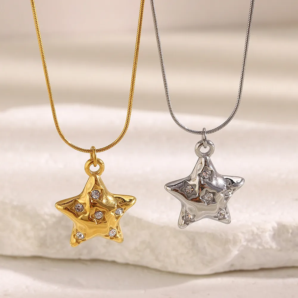 Elegant Star Pendant Necklace 18K Gold Plated Stainless Steel Trendy Rhinestone Zircon Jewelry For Women Snake Chain