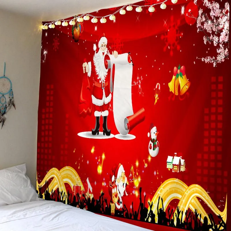 Christmas Wall Hanging Tapestry Polyester Festive Santa Claus Snowman Reindeer Pattern Backdrop For Bedroom Home Decor
