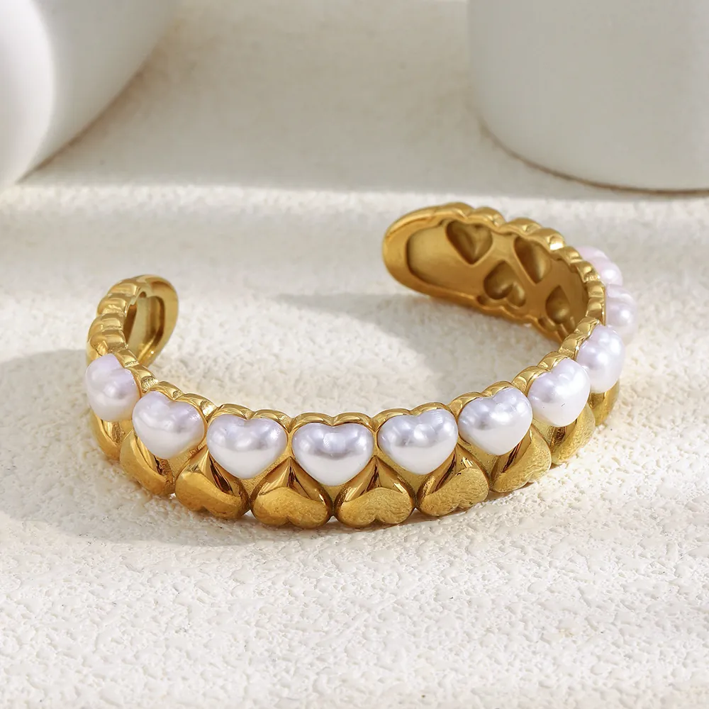 Herz Faux Künstliche Perle Manschettenarmband Vergoldet Edelstahl Offener Armreif Eleganter Schmuck Für Frauen
