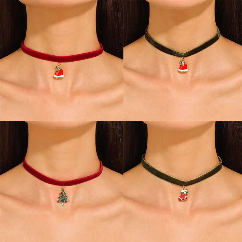 Christmas Velvet Choker Necklace Alloy Enamel Christmas Tree Bell Snowflake Pendant Holiday Party Festive Jewelry Women