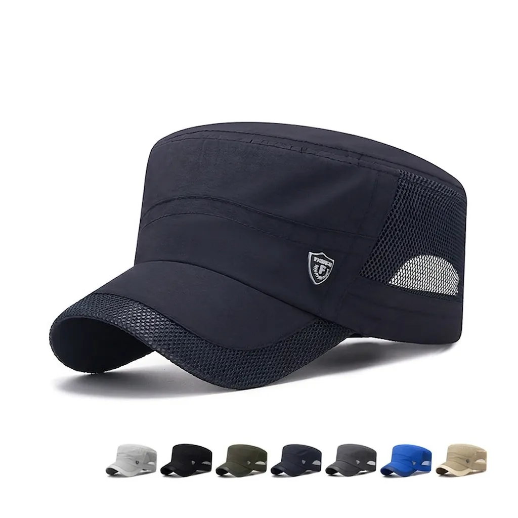 Men Cadet Hat Quick Dry Mesh Breathable Flat Top Cap Outdoor Summer Sun Protection Adjustable Military Style