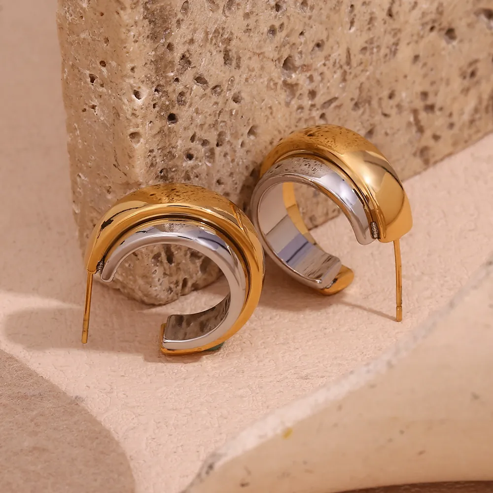 Modern Stainless Steel 18K Gold Plated Double Layer Wide Surface Bi-color C-Shape Hoop Earrings For Women Fashion Jewelry