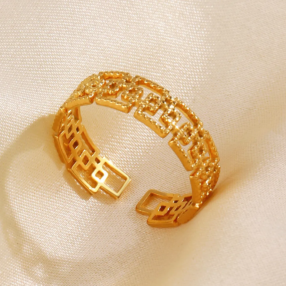 Bague Géométrique Creuse Plaqué Or 18K Acier Inoxydable Réglable Ouverte Bijoux Mode Pour Femmes Tendance Chic