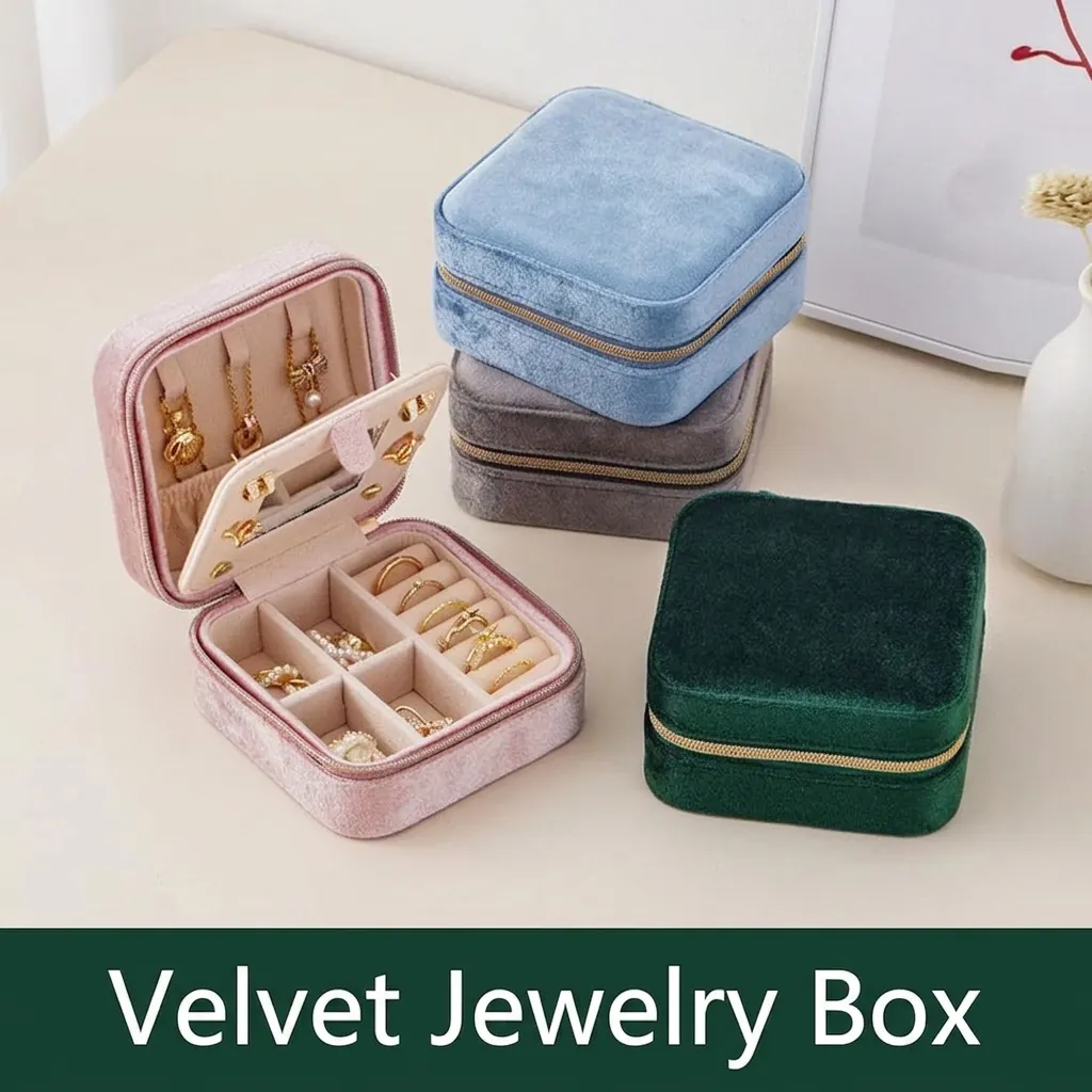 Portable Velvet Jewelry Box With Mirror Small Travel Case For Rings Earrings Necklaces Zipper Organizer