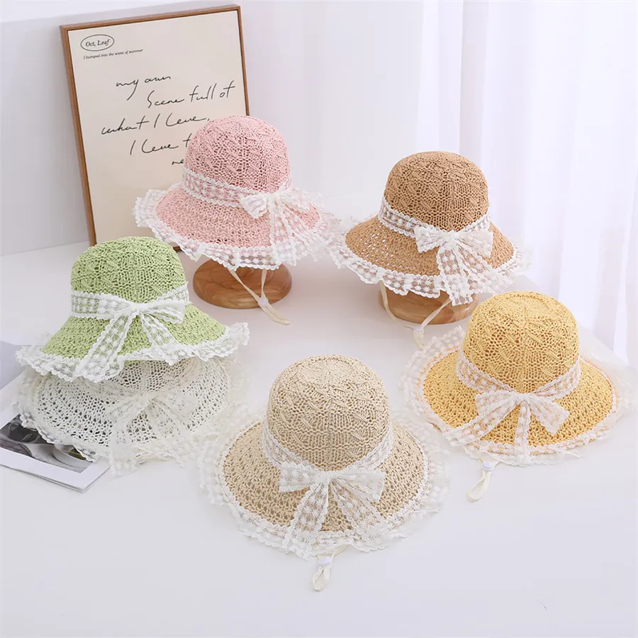 Girls Summer Straw Sun Hat Breathable Lace Trim Large Bow Sweet Beach Vacation Kids Accessory Adjustable Windproof Rope