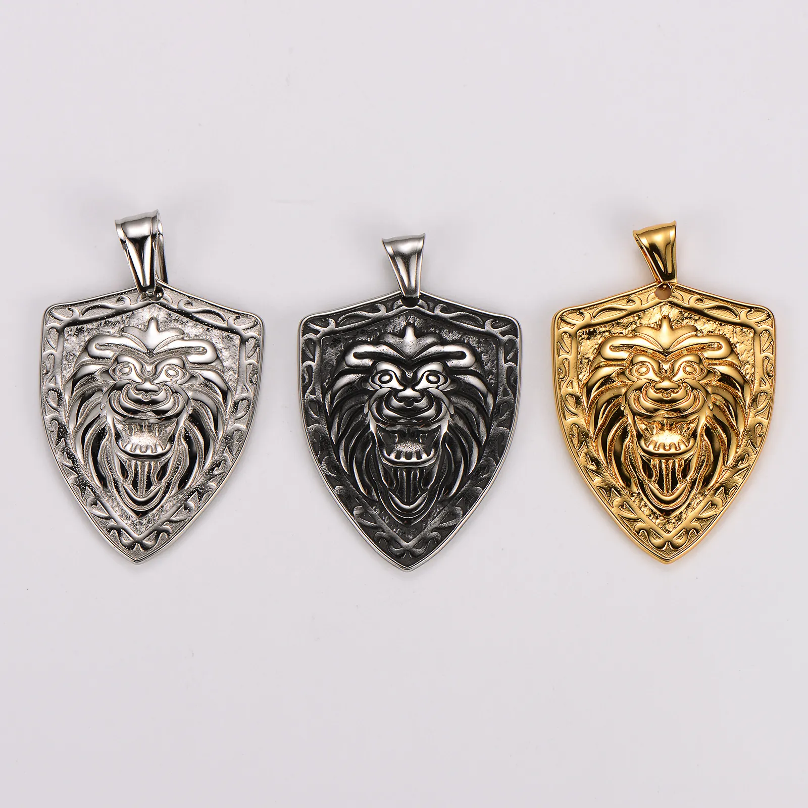 Lion Head Shield Pendant Necklace 304 Stainless Steel Embossed Design Vintage Hip Hop Punk Jewelry For Men And Boy