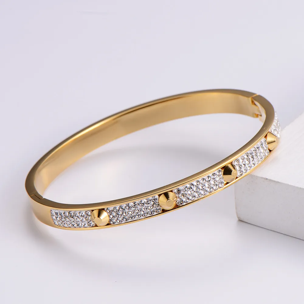 18K Gold Plated Nail Bangle Bracelet 316L Stainless Steel Rhinestone Hinged Rivet Spikes Elegant Punk Jewelry For Women