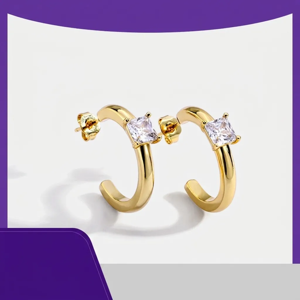 C Hoop Earrings Brass Gold Plated Square Zircon Fashion Simple For Women With 925 Sterling Silver Earring Post