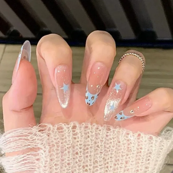 Uñas Postizas Press On Almendra Larga Punta Francesa Azul Estampado Leopardo Estrella Purpurina Reutilizables Para Mujeres