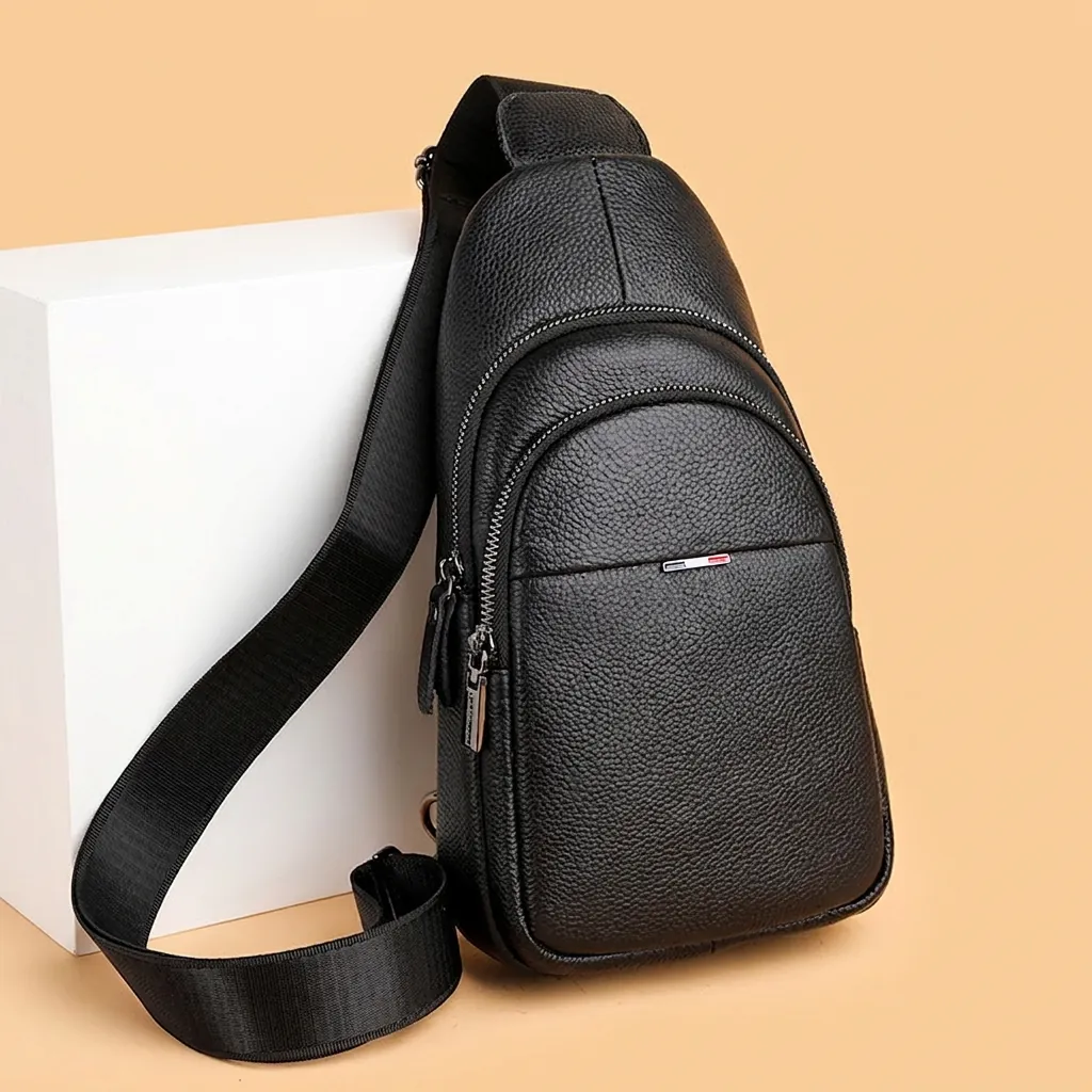 Genuine Cowhide Leather Men Chest Bag Lychee Pattern Multi Pocket Sling Shoulder Crossbody Bag For Casual Business Travel