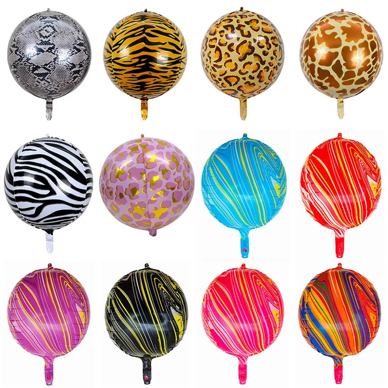 Round Sphere 4D Balloons Aluminum Foil Animal Print Marble Pattern For Birthday Party Decoration Self Sealing Reusable