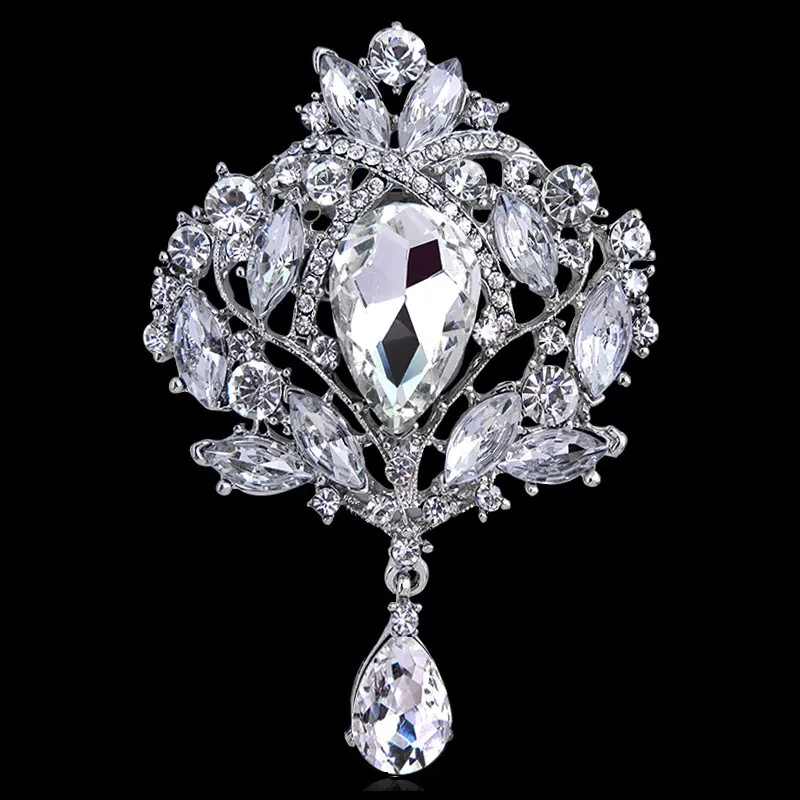 Vintage Baroque Alloy Rhinestone Brooch Pin With Large Pear Cut Crystal Teardrop Pendant Luxury Elegant Banquet Jewelry