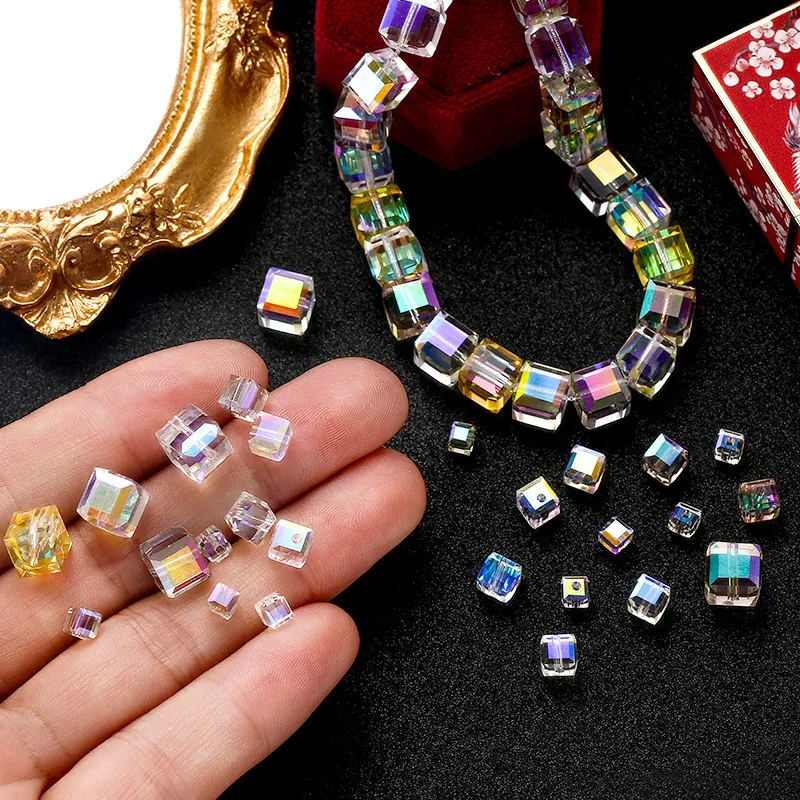 Cube Glass Beads Crystal Spacer Beads Faceted Aurora AB Rainbow Colored DIY Jewelry Making For Necklaces Bracelets