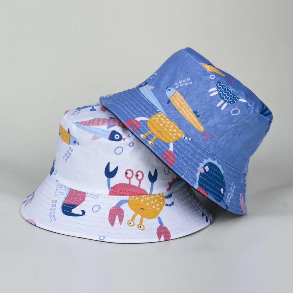 Bucket Hat Cartoon Sea Creature Print Cotton Canvas Sun Protection Outdoor Travel Summer Beach Sun Hat Cute Casual Accessory