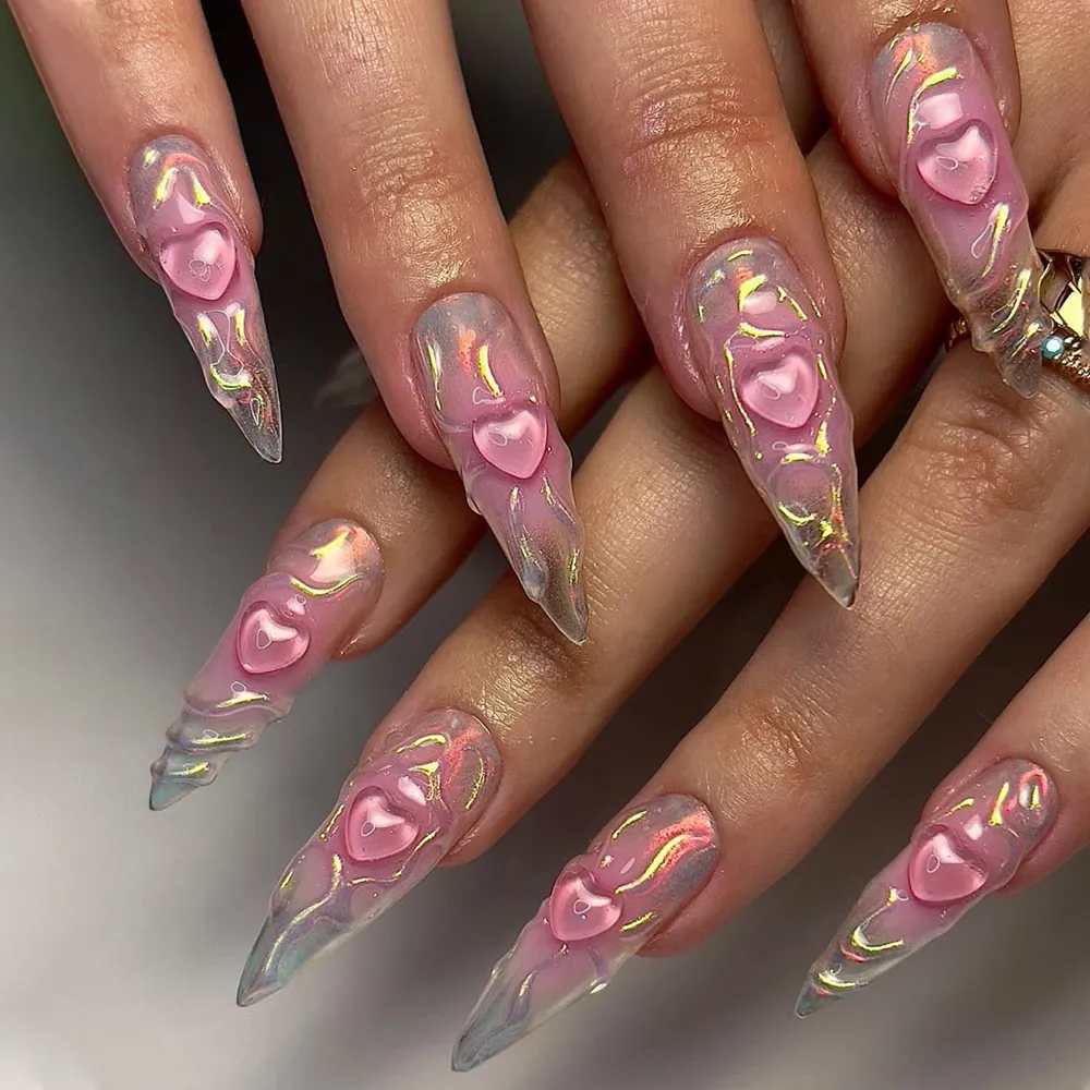Long Stiletto Press On Nails With 3D Pink Heart Aurora Iridescent Gradient Design Artificial False Fingernails