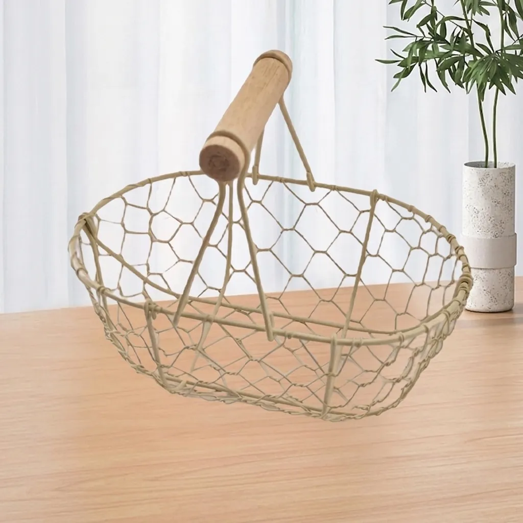 Iron Wire Mesh Storage Basket With Wooden Handle Japanese Style Fruit Snack Desktop Organizer Vintage Home Decor